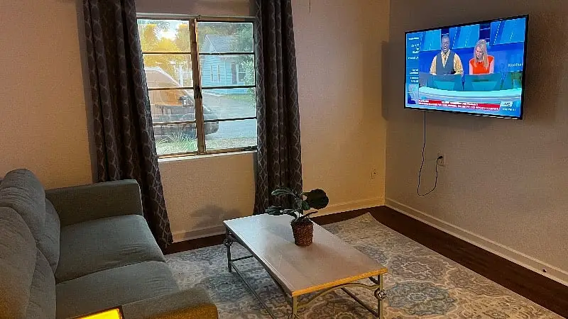 Sofa and coffee table with a window looking onto the yard
